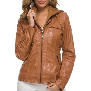 Sexyshine | Brown Hooded Faux Leather Jacket Zipper Up Moto Biker Bomber